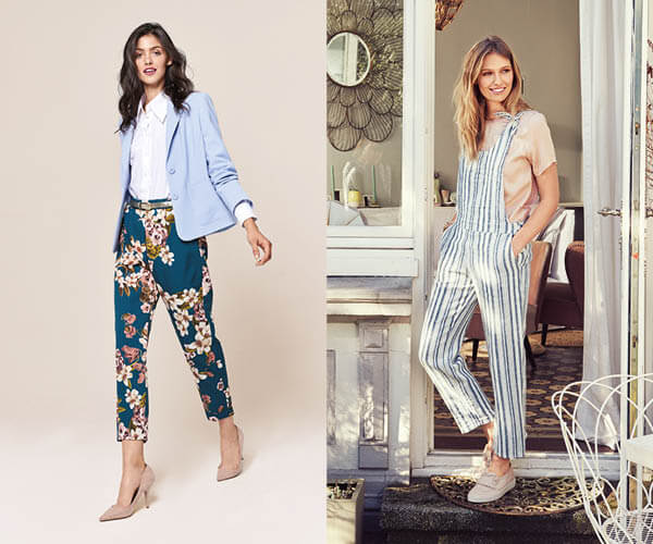 Pantalon fleuri &agrave; ceinture &eacute;lastique et salopette &agrave; bretelles fantaisies