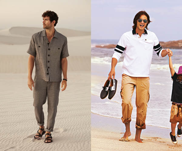 Deux mod&egrave;les pour hommes&thinsp;: pantalon d&rsquo;&eacute;t&eacute; en lin et pantalon &agrave; poches cargo
